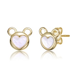 Guili 14K Gold Plated with White Mother Of Pearl Bear-Eared Heart Stud Earrings For Kids - 1 of 2