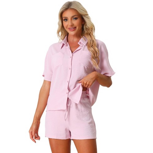 Allegra K Women's Shirts and Shorts Linen 2 Piece Outfits Casual Set Pink  Large