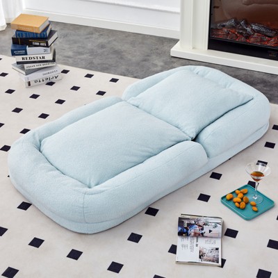 Vynxaria Light Blue Plush Fabric Folding Floor Chair Set of 1 with 5 Adjustable Positions 90 to 180 Degree Backrest Iron Frame Gaming Meditation Ready