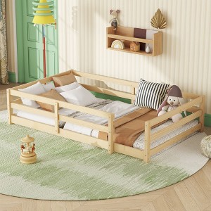 Okak Montessori Floor Bed Twin/Full Size,Modern Low Profile Toddler Bed with Safety Rails, Solid Wood Frame for Kids Bedroom Nursery - 1 of 4