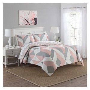 Pink Colorblock Lena Reversible Comforter Set (Queen) 3pc - Marble Hill , Gray/Pink