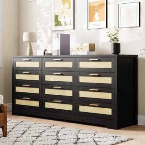 12 Drawer Dresser for Bedroom, Modern Rattan Chest of Drawers, Wood Storage Organizer with Rattan Panel Drawers and Handles - 1 of 4
