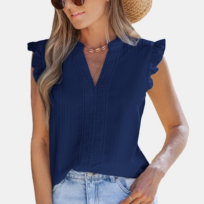 Women's Dreamy Ruffled Cap Sleeve V-Neck Creme Top - Cupshe