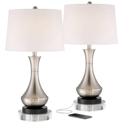 360 Lighting Simon Modern Table Lamps Set of 2 with Round Risers 27" Tall Brushed Nickel USB Charging Port White Drum Shade for Bedroom Living Room