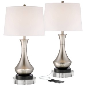 360 Lighting Simon Modern Table Lamps Set of 2 with Round Risers 27" Tall Brushed Nickel USB Charging Port White Drum Shade for Bedroom Living Room - 1 of 4
