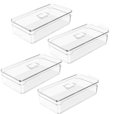 OU Fridge Organizer Bin with Vented Lid, Clear Stackable Refrigerator Storage Bin, Produce Kitchen Storage Container, 11.8" Depth, BPA Free