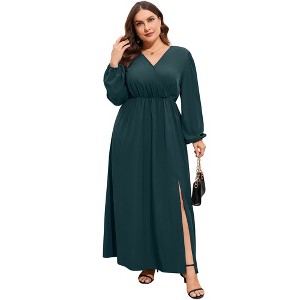 Clearlove Womens Plus Size Casual Midi Dresses Short Sleeve V Neck Drawstring Knee Length Split Dress - 1 of 4