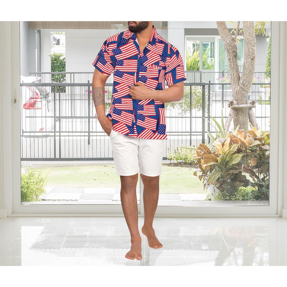 LA LEELA Men's 4th of July Patriotic US American Flag Shirt Short Sleeve Button Down Holiday Hawaiian Shirts for Men S US Flags Red - thumbnail 2