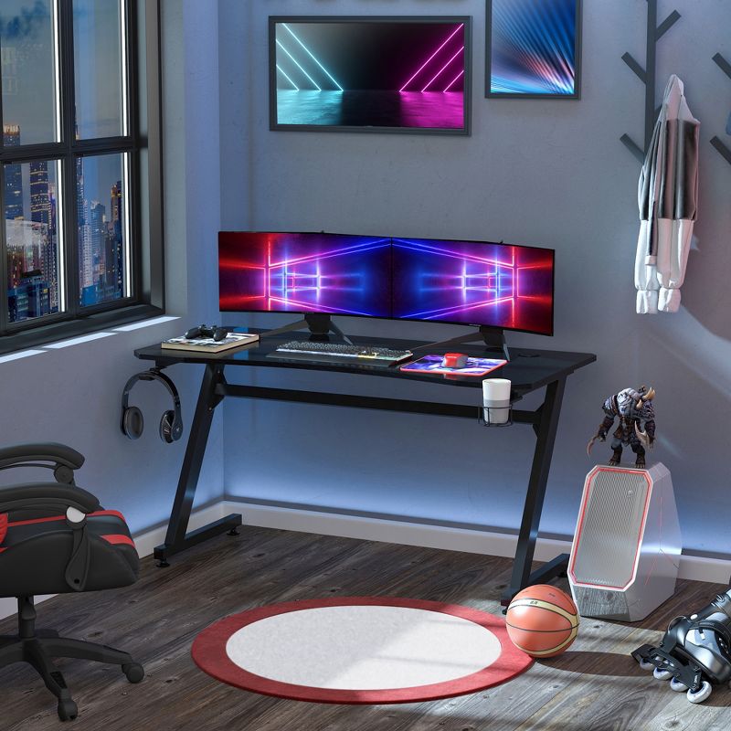 HOMCOM 55" Gaming Desk Home Office Computer Desk Gamer Workstation with Cup Holder, Headphone Hook and Cable Management, 3 of 9