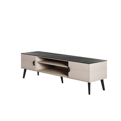 Haley 70.9" White and Black Marble TV Stand with Cabinet