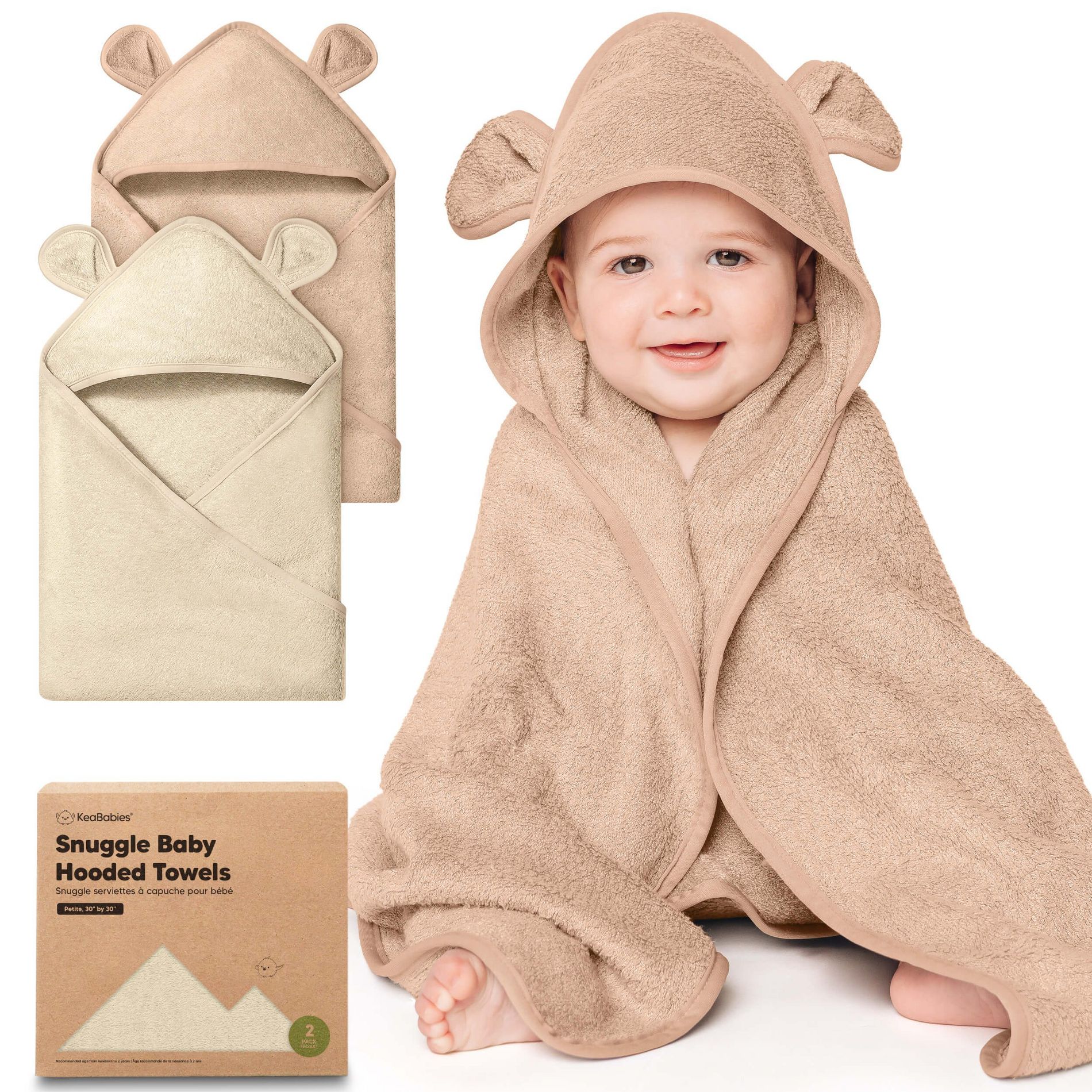 KeaBabies 2pk Snuggle Baby Towels with Hood for Newborn Girls, Boys, Toddlers, Soft & Absorbent Hooded Baby Bath Towels