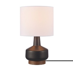Globe Electric 15" Matte Black Ceramic Table Lamp with Wood Toned Base and White Linen Shade: ETL Listed, No Assembly Required - 1 of 4