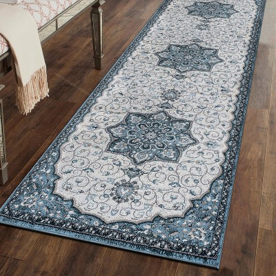 Blue and Ivory Medallion Runner Rug with Jute Backing