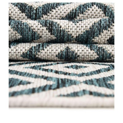 Teal and Ivory Geometric Flat Woven Outdoor Rug, 5' x 7'