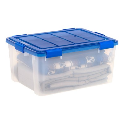 60 Quart Clear Plastic Storage Bins with Blue Lids, Set of 4