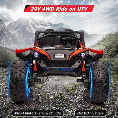 Red 24V 2 Seater UTV Ride On Toy For Kids Ages 3 To 8 With Parental Remote Control 17 Inch Large Tires LED Lights And Music Red