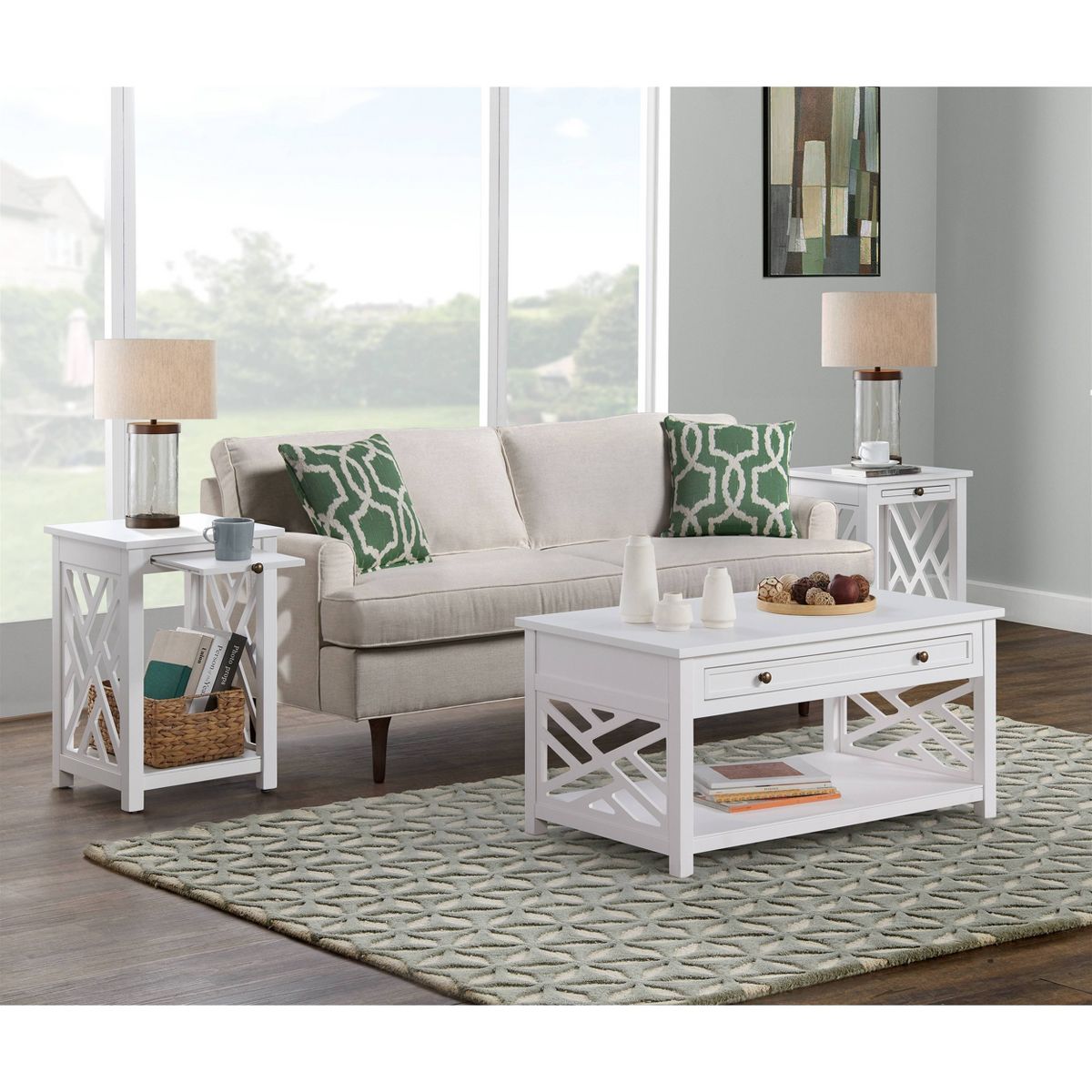 36" Middlebury Coffee Table with Drawer and 2 End Tables with Tray Shelf White - Alaterre Furniture - thumbnail 2