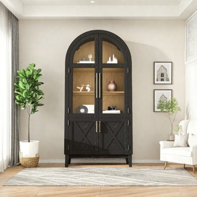 FONTOI Arched Shaped Storage Cabinet, 5-Tier Arched Bookcase with Glass Doors, Black&Brown, 74.3"*36"*17.5"