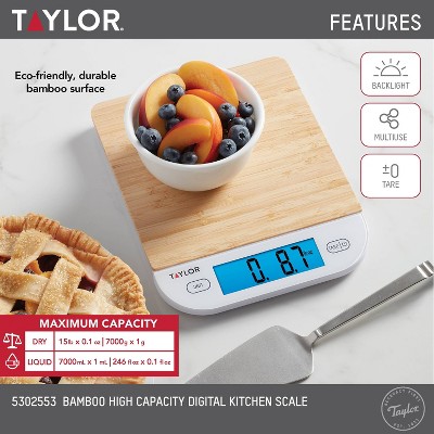 Taylor Digital Bamboo Kitchen Scale with Blue Backlight Display