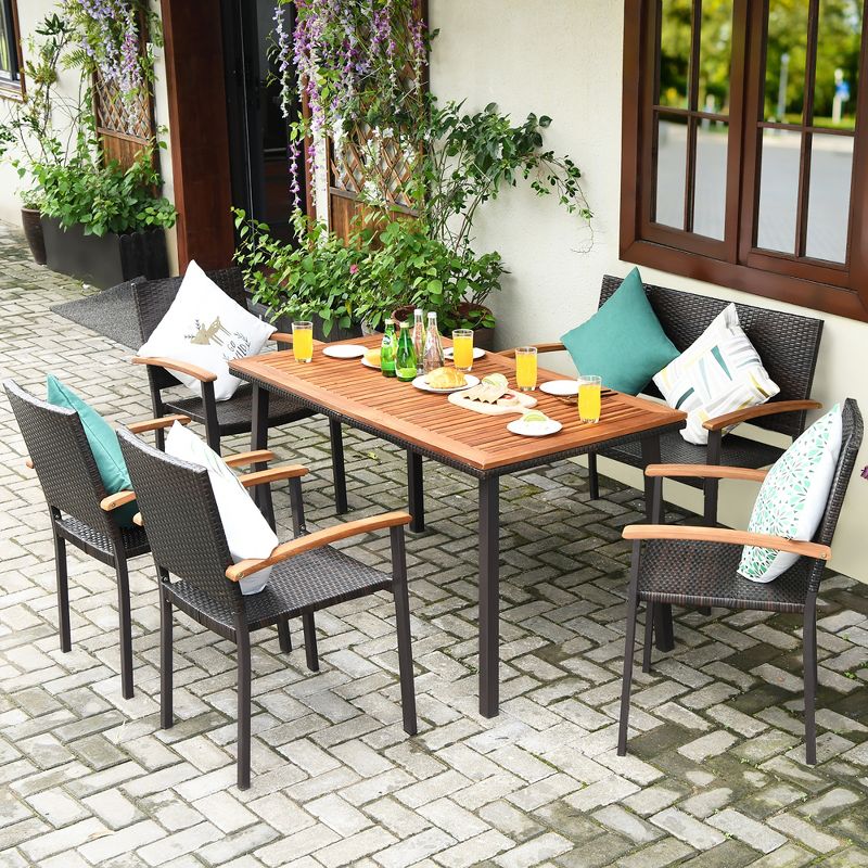 Costway 6 PCS Patio Rattan Dining Set Acacia Wood Table Stackable Chair Bench, 1 of 11