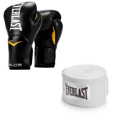 Everlast Black Elite Boxing Gloves 14 Ounce & White 120-Inch Hand Wraps