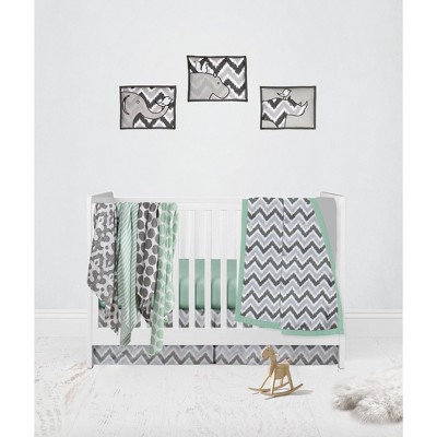 Bacati - Ikat Dots Stripes Mint Grey Muslin Neutral 10 pc Crib Set with wall hangings & Mobile