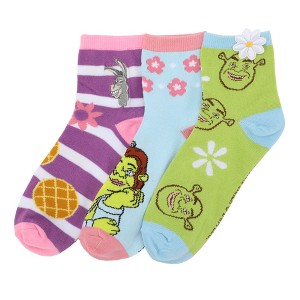 Shrek Characters & 3D Flowers Women's 3-Pair Casual Quarter Crew Ankle Socks - 1 of 4
