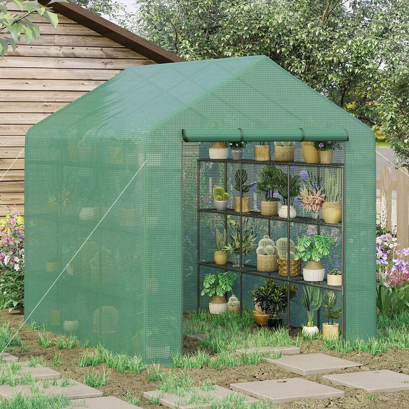 Outsunny Walk-in Greenhouse for Outdoors with Roll-up Zipper Door, 18 Shelves, PE Cover, Heavy Duty Humidity Seal, 95.25" x 70.75" x 82.75", Green, 3 of 8