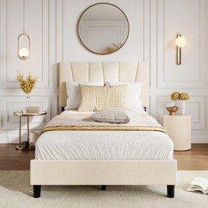 Bed Frame with Adjustable Headboard, Linen Upholstered Full Platform Bedframe with Strong Wooden Slats - 1 of 4