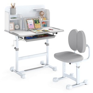 Costway Kid’s Study Desk & Chair Set with Tilt Desktop, Pen Holder & Tray, Reading Stand Blue/Gray - 1 of 4