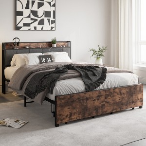 TiramisuBest Full Bed Frame with Storage Headboard & Charging Station, Sturdy Noise-Free Design, No Box Spring & Easy Assembly (Brown/Gray) - 1 of 4
