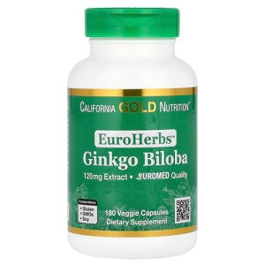 Ginkgo Biloba Extract, EuroHerbs, Supports Cognitive Health, Standardized to 22% Flavone Glycosides, 5% Terpene Lactones, 120 mg, 180 Veggie Capsules - 1 of 3