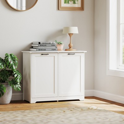 Sandinrayli 20 Gallon Tilt Out Wood Trash Can Cabinet with Deodorizing Function Laundry Hamper, White