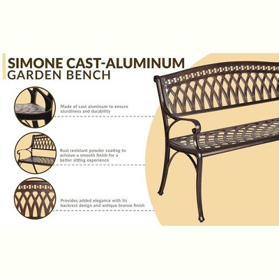 Simone 40" Antique Bronze Cast Aluminum Patio Bench