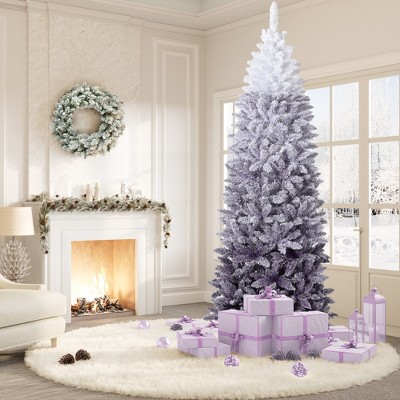 Gradient Snow Flocked Pencil Christmas Tree, Slim Artificial Holiday Decor with Sturdy Metal Stand, Flame-Retardant PVC, for Home, Party