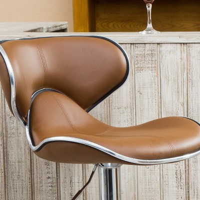 Camel Faux Leather Adjustable Swivel Bar Stools with Chrome Base, Set of 2