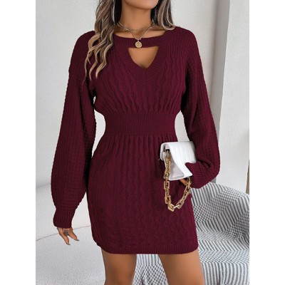 Womens Cable Knit Dress Lantern Sleeve Casual Bodycon Sweater Dress