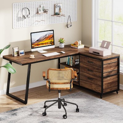 Okak Modern Home Office L-Shaped Computer Desk with Drawers & Shelves,Multifunctional Corner Writing Desk with for Study,Office,Studio