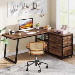 Okak Modern Home Office L-Shaped Computer Desk with Drawers & Shelves,Multifunctional Corner Writing Desk with for Study,Office,Studio - 1 of 4