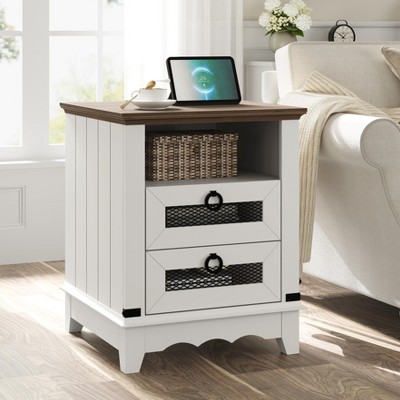 Farmhouse Nightstand 18" inch Side Table with Charging Station Bedside Table with 2 Drawers