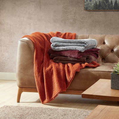 Gray Ribbed Reversible Fleece Sherpa Throw Blanket