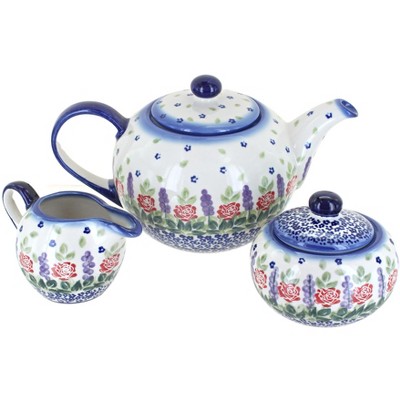 Blue Rose Polish Pottery Roses Are Red 3 Piece Tea Set