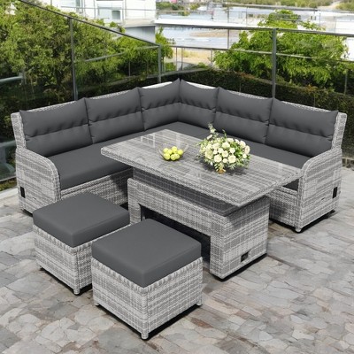 Mshliw Outdoor Rattan Furniture Set with Adjustable Table, Recliners, and Movable Ottomans – Weather-Resistant, Patio Sofa Set for Garden & Backyard