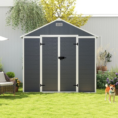 Dark Gray Resin Backyard Storage Shed with Window, Outdoor Plastic Garden Tool Shed, Weatherproof Roof Storage Shed with Large Space-Coolbibila