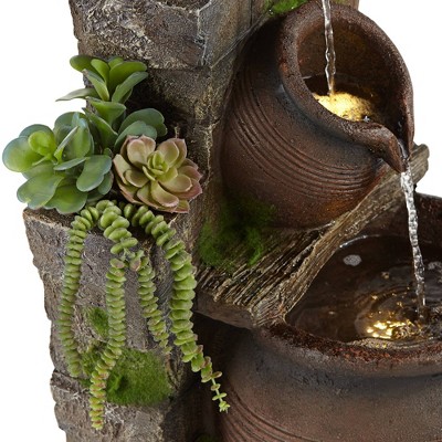 Rustic Terracotta Four-Pot Cascading Outdoor Floor Fountain with LED Light