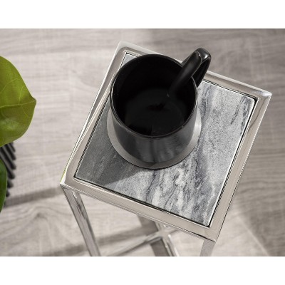 Jaspur Gray Marble and Silver Metal Square Drink Table