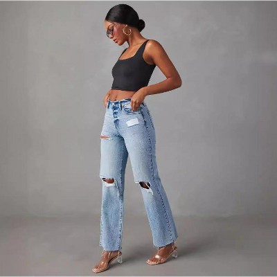 Mocamel Women's Casual Ripped Raw Edge Straight High Waist Denim Trousers