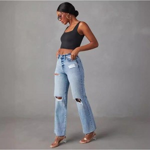 Mocamel Women's Casual Ripped Raw Edge Straight High Waist Denim Trousers - 1 of 4
