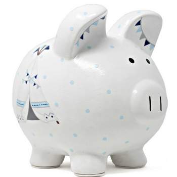 Bank Blue Bohemian Piggy Bank  -  One Piggy Bank 7.5 Inches -  Arrows Tent Tepee  -  36911  -  Ceramic  -  White