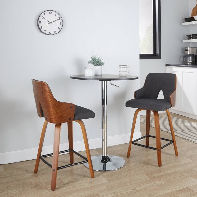 Charcoal Fabric and Walnut Wood Swivel Counter Stools, Set of 2